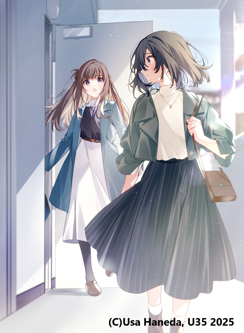 2girls black_hair black_pantyhose blue_coat blue_eyes blue_skirt brown_bag brown_footwear coat commentary_request door green_jacket half_updo jacket jewelry long_hair miyagi_shiori multiple_girls necklace official_alternate_costume official_art open_clothes open_coat outdoors pantyhose purple_eyes second-party_source sendai_hazuki short_hair shuuniichido_classmate_wo_kau_hanashi sidelocks skirt u35 white_skirt