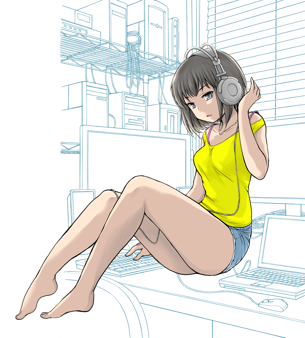 1girl bare_legs barefoot black_hair blue_eyes computer computer_keyboard computer_mouse female_focus headphones jewelry laptop monitor necklace original partially_colored shelf short_hair short_shorts shorts solo tank_top ubizo window_blinds