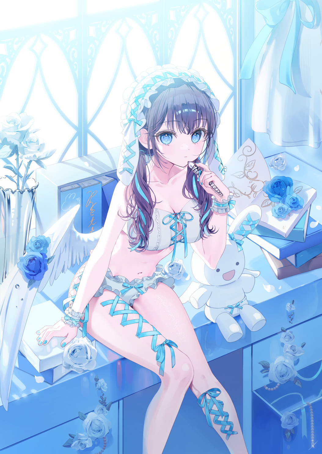 1girl a20_(atsumaru) aqua_nails aqua_ribbon arm_support blue_eyes book book_stack bra breasts brown_hair cleavage collarbone desk flower glint hair_ribbon headdress highres holding indoors jewelry leaning_forward long_hair medium_breasts midriff navel necklace original panties pearl_necklace petals ribbon rose sitting solo stuffed_animal stuffed_rabbit stuffed_toy underwear underwear_only vase white_bra white_flower white_headdress white_panties white_rose white_wings window wings