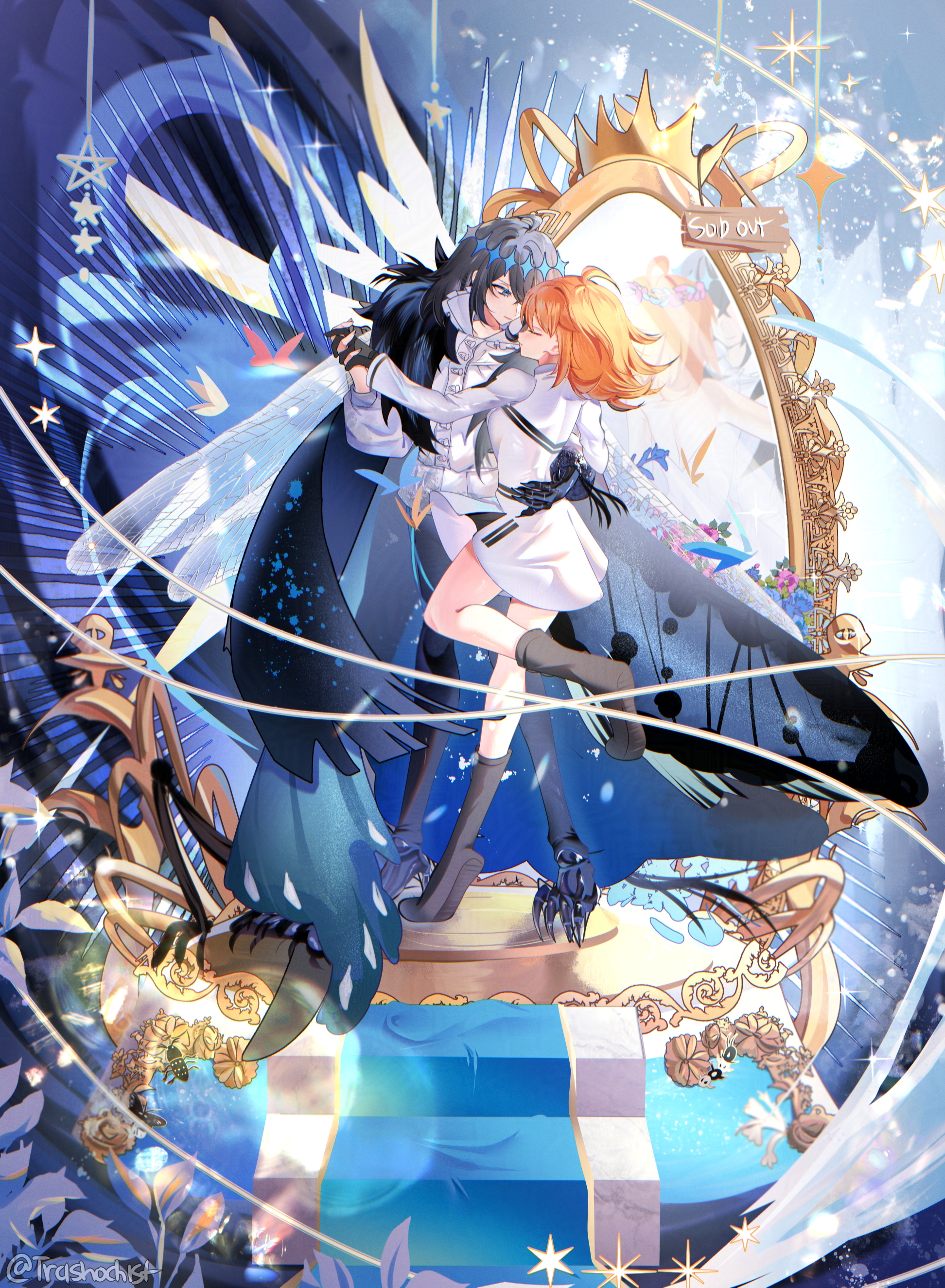 1boy 1girl absurdres arm_around_waist arthropod_boy arthropod_limbs black_gloves black_hair blue_eyes bug butterfly_wings cape centipede closed_eyes crown dancing diamond_hairband dragonfly_wings fate/grand_order fate_(series) fujimaru_ritsuka_(female) fujimaru_ritsuka_(female)_(decisive_battle_chaldea_uniform) full_body fur-trimmed_cape fur_trim gloves highres holding_hands insect_wings jacket long_sleeves medium_hair mirror oberon_(fate) oberon_(third_ascension)_(fate) official_alternate_hair_color orange_hair reflection shirt trashochist white_jacket white_shirt wing_cape wings