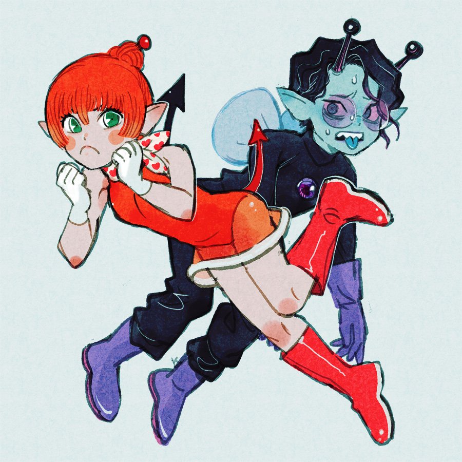 1boy 1girl anpanman antennae baikinman black_hair blue_skin blue_tongue blush_stickers boots clenched_hands colored_skin colored_tongue demon_tail dokin-chan floating gloves grey_background hair_bun heart heart_print ken_(shiyu) looking_at_viewer pointy_ears pout purple_footwear purple_gloves red_footwear red_hair scarf see-through_clothes sharp_teeh simple_background single_hair_bun sunglasses sweat tail tongue tongue_out wavy_hair white_gloves wings