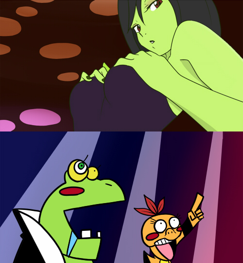 bad_id bad_pixiv_id banjo-kazooie black_hair blush brown_eyes colored_skin crossover drooling feathers green_skin gruntilda_winkybunion klungo_(banjo-kazooie) mumbo_jumbo_(banjo-kazooie) nail_(hardware) neku_(bbdd) panty_&amp;_stocking_with_garterbelt parody pointing rareware simple_background style_parody surprised