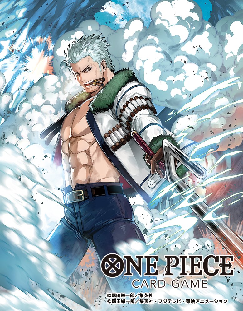 1boy abs bare_pectorals belt brown_gloves cigar commentary_request copyright_name cowboy_shot fur-trimmed_jacket fur_trim gloves holding holding_weapon jacket jitte male_focus moreshan official_art one_piece one_piece_card_game pectorals short_hair smoke smoker_(one_piece) solo weapon white_hair