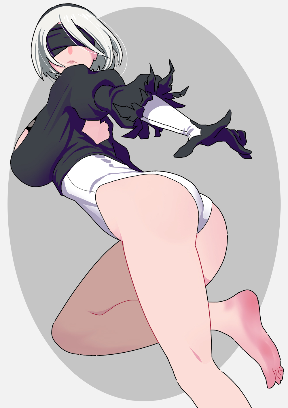 1girl 2b_(nier:automata) ass barefoot blindfold feet highres leotard medium_hair mukaiso_r18 nier:automata nier_(series) soles toes white_hair