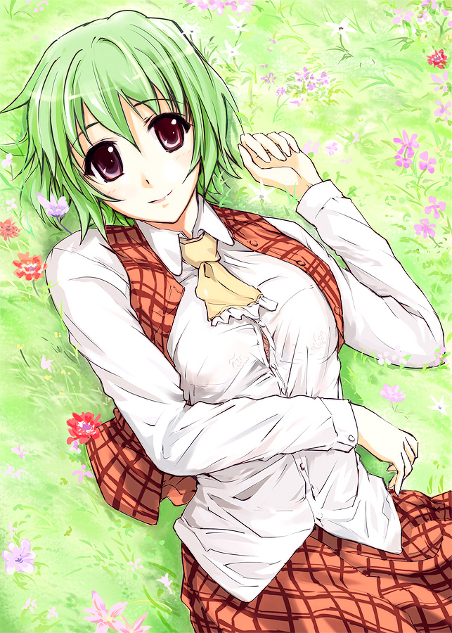 1girl ascot bad_id bad_pixiv_id female_focus flower funeral_(artist) grass green_hair kazami_yuuka lying plaid_clothes plaid_skirt plaid_vest red_eyes short_hair skirt skirt_set smile solo sumisi touhou vest