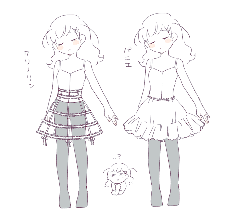 ...? 1girl arne_no_jikenbo bare_arms bare_shoulders blush_stickers bow bow_skirt chibi closed_eyes closed_mouth commentary commentary_request cropped_torso dress english_commentary eyelashes frilled_dress frills frown full_body greyscale hair_ornament hairclip hand_on_own_arm hand_on_own_chin jitome lace lace-trimmed_skirt lace_trim long_hair loose_hair_strand lynn_reinweiss medium_dress medium_skirt mixed-language_commentary monochrome multiple_views pantyhose shuntaro_(tya_nya0000) simple_background skirt skirt_boning sleeveless sleeveless_dress standing sweatdrop tank_top triangle_mouth variations white_background x_hair_ornament