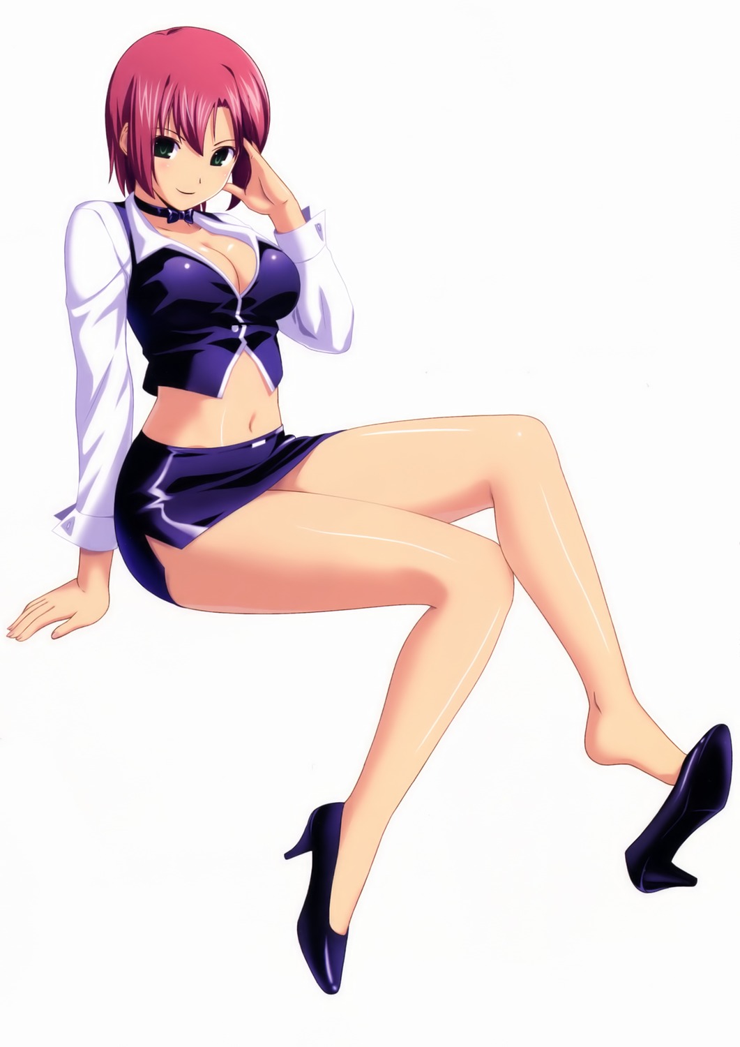 10s 1girl arm_support bow bowtie breasts cleavage feet female_focus full_body green_eyes high_heels highres invisible_chair koutaro legs midriff navel red_hair rio_-rainbow_gate!- rio_rollins shoe_dangle short_hair sitting skirt smile solo super_blackjack tagme thighs