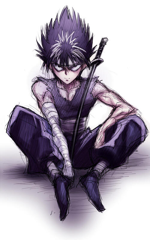 1boy bandaged_arm bandages black_hair closed_mouth headband hiei looking_at_viewer male_focus sawao simple_background solo spiked_hair sword weapon white_background yuu_yuu_hakusho