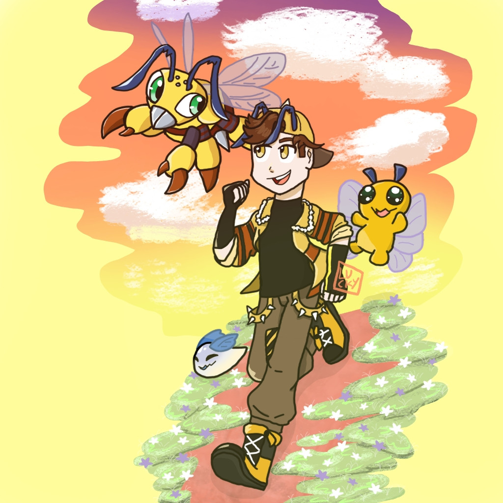 belt bug digimon digimon_(creature) funbeemon happy pupumon puroromon running smile spikes wings