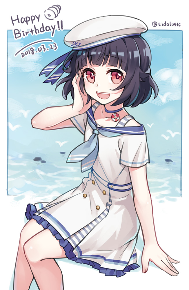 1girl :d anchor_print bang_dream! black_hair blue_choker blue_neckerchief blue_ribbon buttons chocolate_cornet choker dated double-breasted dress female_focus food hand_on_own_cheek hand_on_own_face happy_birthday hat hat_ribbon looking_at_viewer nashi_(tidal0414) neckerchief ocean open_mouth red_eyes ribbon sailor_dress sailor_hat short_hair short_sleeves sitting smile solo twitter_username ushigome_rimi white_dress white_hat