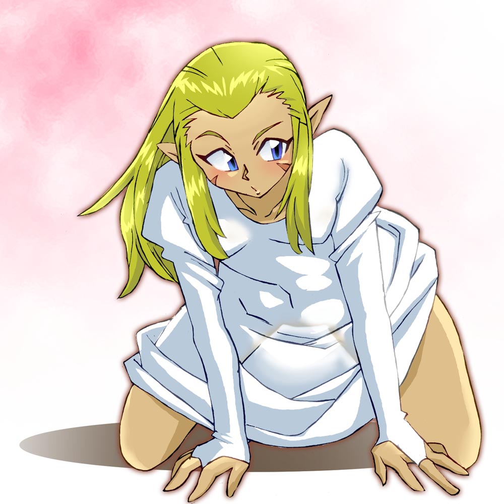 1girl blonde_hair breasts dark-skinned_female dark_skin dress female_focus full_body jessica_de_alkirk long_hair lunar lunar:_the_silver_star markings onnaski pointy_ears see-through_clothes solo white_dress