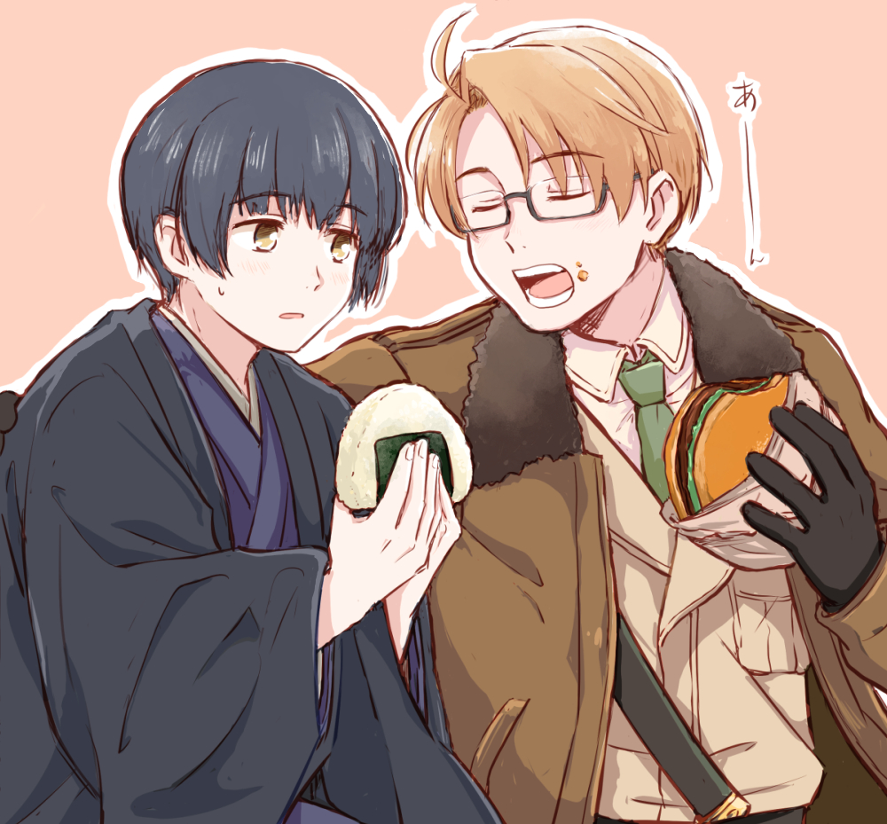 2boys ahoge america_(hetalia) axis_powers_hetalia black_gloves black_hair blonde_hair bomber_jacket brown_eyes closed_eyes food food_on_face glasses gloves burger haori jacket japan_(hetalia) japanese_clothes male_focus multiple_boys necktie onigiri open_mouth takeshi_(mononohu20)