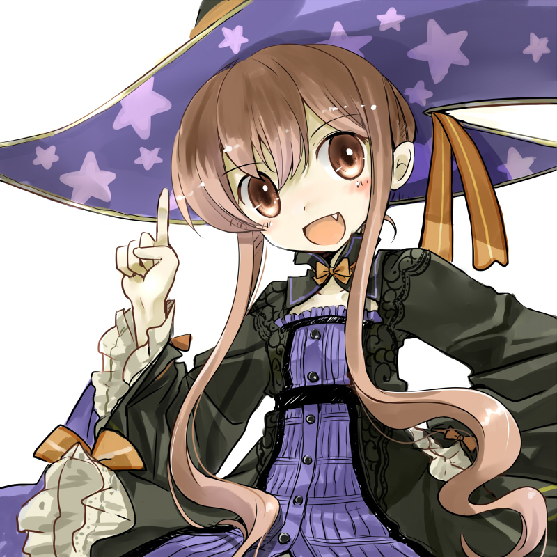 1girl :d atelier_(series) atelier_ayesha black_dress black_hat blush brown_eyes brown_hair dress fang flat_chest hand_on_own_hip hand_up hat lace_trim long_hair long_sleeves looking_at_viewer open_mouth pointing pointing_up print_headwear sidelocks smile solo star_(symbol) star_print white_background wilbell_voll-ersleid witch witch_hat yugi_(magical-dreamer)