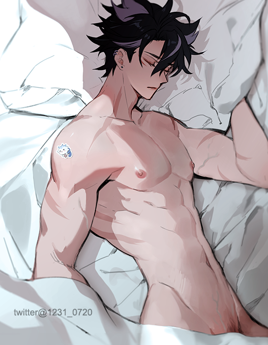 1boy abs black_hair closed_eyes closed_mouth earrings genshin_impact grey_hair hair_between_eyes jewelry leisurely_otter_(genshin_impact) male_focus multicolored_hair nipples np_(1231_0720) nude pectorals short_hair solo streaked_hair toned toned_male wriothesley_(genshin_impact)