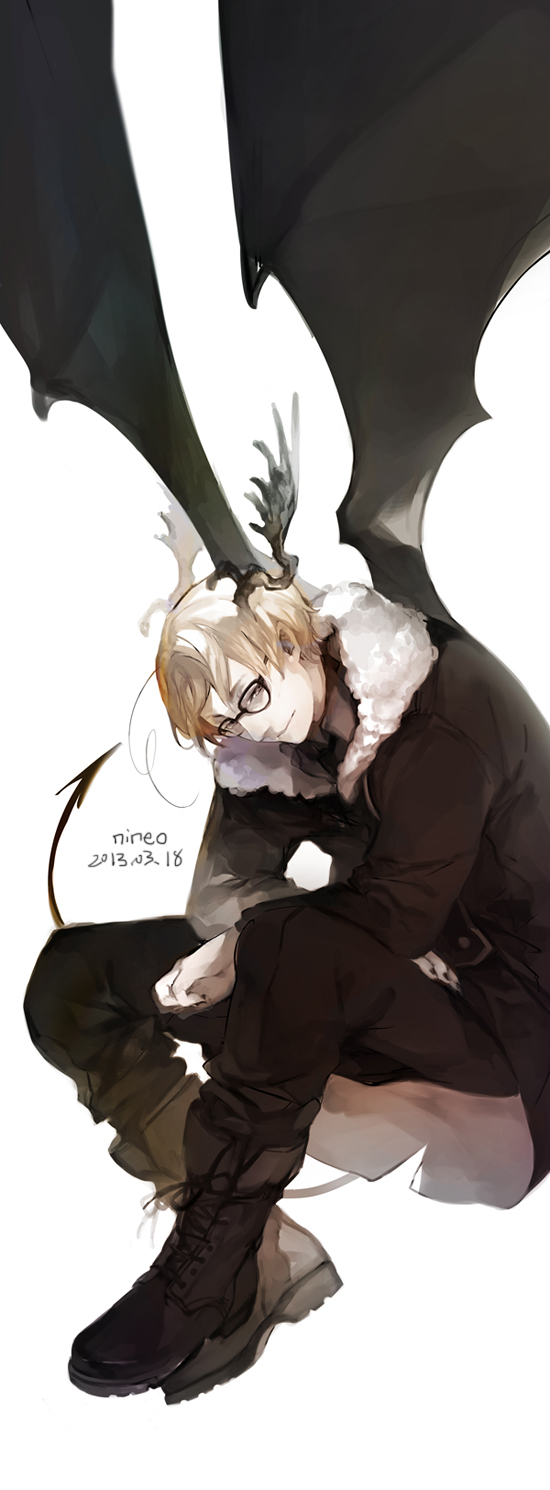 1boy antlers artist_name axis_powers_hetalia black-framed_eyewear black_boots black_coat black_horns black_nails black_pants black_shirt black_sleeves black_tail black_wings blonde_hair boots character_request closed_mouth coat commentary_request dated demon_horns demon_tail demon_wings full_body fur-trimmed_coat fur_trim glasses half-closed_eyes hand_on_own_thigh highres horns lace-up_boots long_sleeves looking_at_viewer male_focus nail_polish nineo orange_eyes pants shirt short_hair simple_background sitting smirk solo tail turtleneck turtleneck_shirt two-sided_coat two-sided_fabric white_background wings