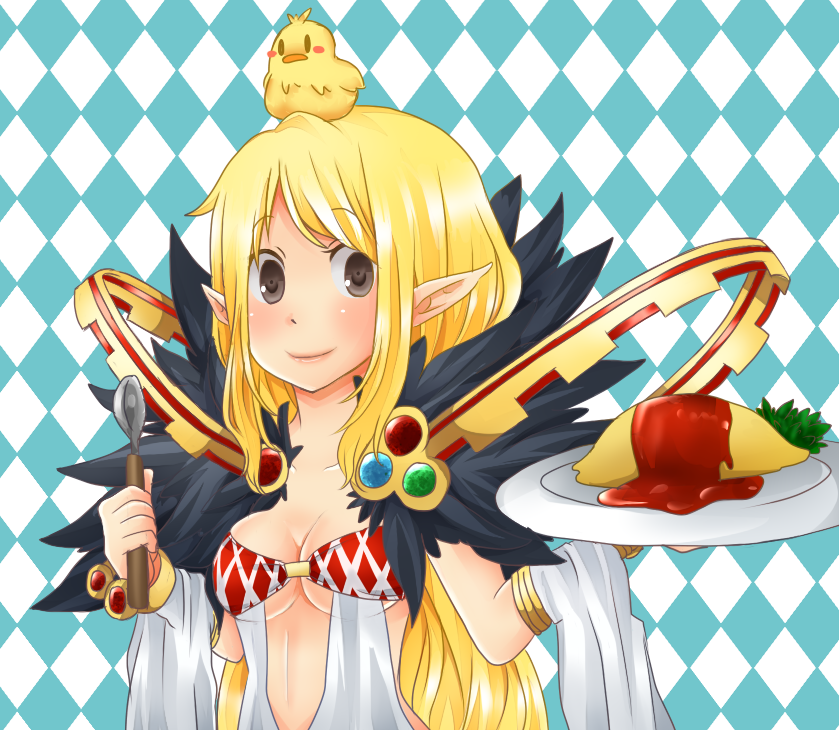 1girl animal animal_on_head argyle_clothes argyle_dress bird bird_on_head blonde_hair blue_background blush breasts brown_eyes checkered_background cleavage closed_mouth commentary_request dress food fur_collar holding holding_plate holding_spoon long_hair looking_at_viewer medium_breasts meiko_(nattu303) omelet omurice on_head plate pointy_ears ragnarok_online sleeveless sleeveless_dress smile solo sorcerer_(ragnarok_online) spoon upper_body white_dress