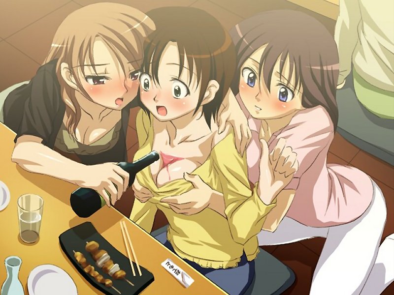 3girls alcohol arm_around_shoulder blue_eyes blush breasts brown_hair bust_cup drunk female_focus food grabbing_another&#039;s_breast groping medium_breasts multiple_girls open_mouth sake sanshita wine yuri