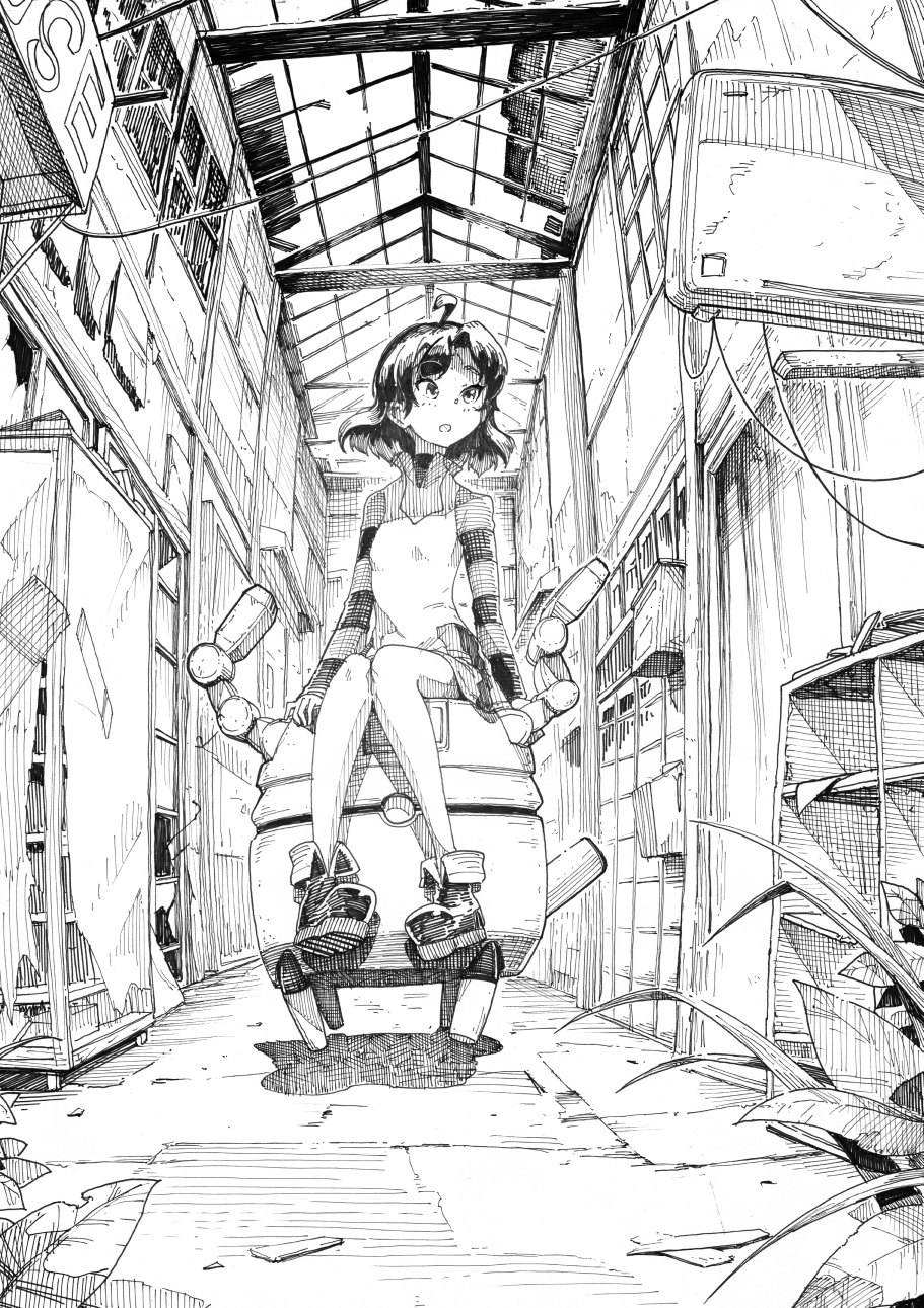 1girl ahoge boots cluseller dress female_focus flat_chest full_body greyscale hair_intakes highres indoors kemurikusa knees_together_feet_apart medium_hair monochrome open_mouth plant raglan_sleeves riri_(kemurikusa) robot ruins shiro_(kemurikusa) sitting spoilers striped_sleeves traditional_media
