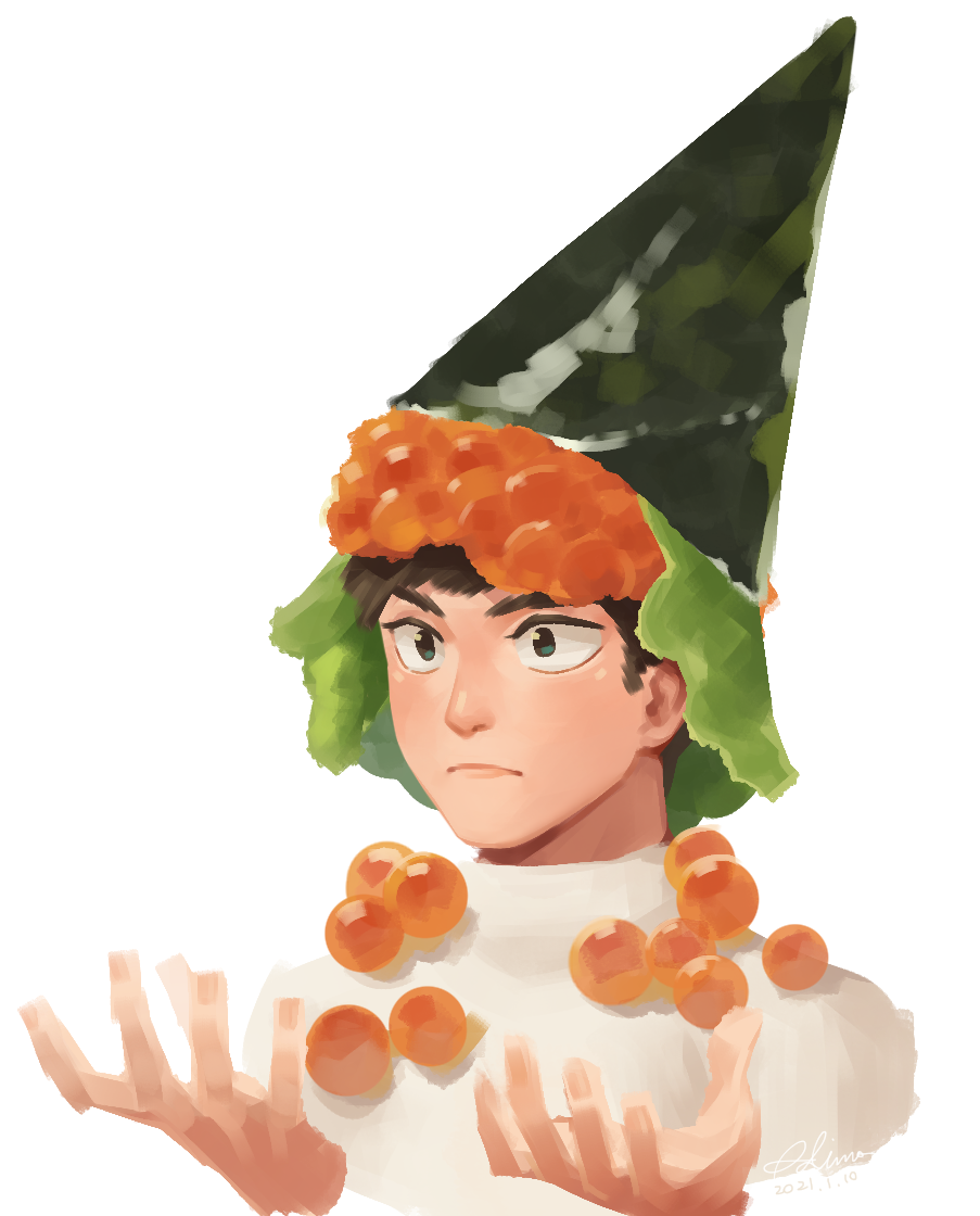 1boy blue_eyes blush brown_hair closed_mouth expressionless food food_focus food_on_head green_hat hands_up hat lettuce looking_afar male_focus no_lineart object_on_head original portrait roe short_hair simple_background solo sushi temakizushi upper_body white_background zenmo