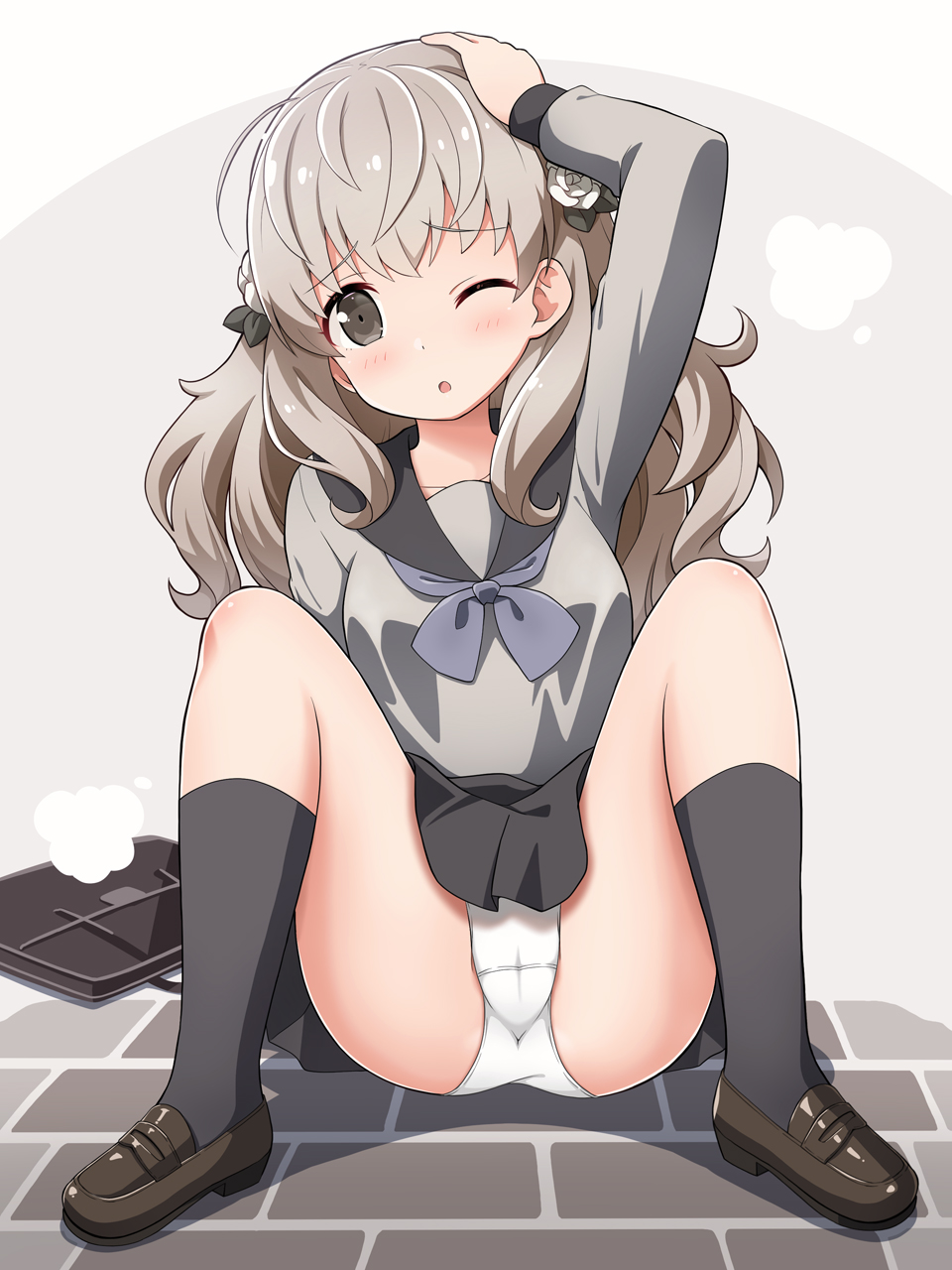 1girl ahoge bag black_eyes black_skirt black_socks blue_neckerchief blush breasts brown_footwear collarbone fallen_down flower fuyusaka_iori grey_hair grey_shirt hair_flower hair_ornament hand_on_own_head highres juusan_kihei_bouei_ken kneehighs long_hair long_sleeves looking_at_viewer low_twintails neckerchief one_eye_closed open_mouth panties puff_of_air school_bag school_uniform shirt shoes skirt small_breasts socks squatting twintails underwear white_background white_panties yuuma_(skirthike)