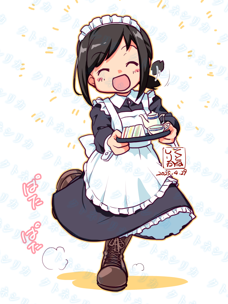 1girl alternate_costume apron artist_logo black_dress black_hair boots brown_boots cup dated dress enmaided facing_viewer food frilled_apron frills fubuki_(kancolle) full_body kantai_collection kutone_shirika logo low_ponytail maid maid_headdress medium_hair ponytail sandwich short_ponytail sidelocks smile solo tea_set teacup teapot too_many_watermarks watermark white_apron