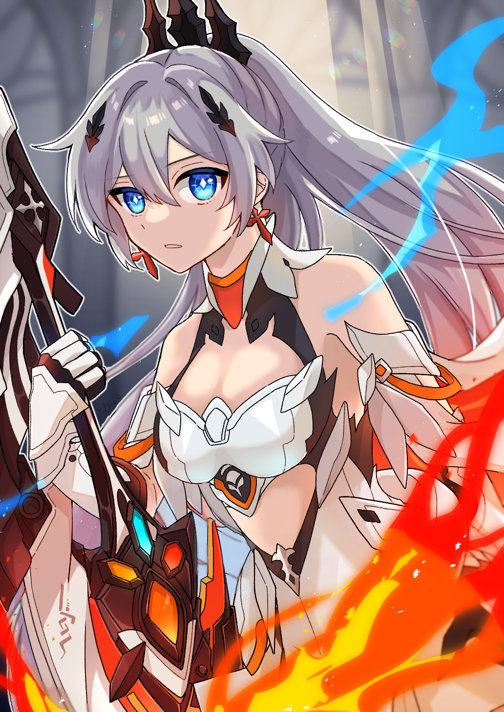 1girl bare_shoulders blue_eyes breasts commentary_request cross cross_earrings dress earrings fire gauntlets grey_hair hair_between_eyes hair_intakes highres holding honkai_(series) honkai_impact_3rd jewelry kiana_kaslana kiana_kaslana_(herrscher_of_flamescion) latin_cross long_hair looking_at_viewer medium_breasts parted_lips ponytail solo ufo_(23494318) very_long_hair white_dress
