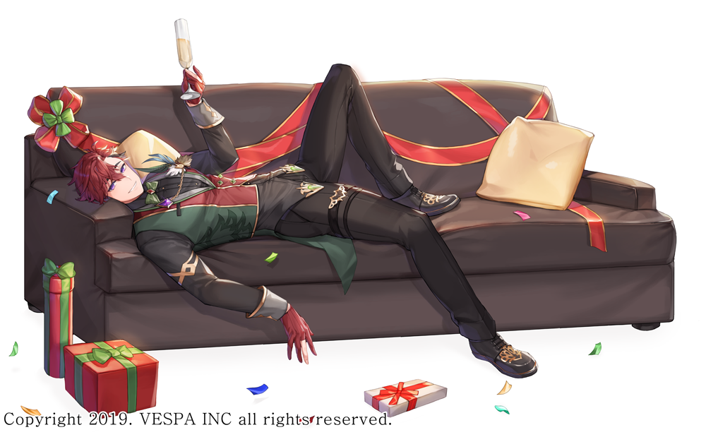 1boy alcohol black_pants black_shirt black_shoes bow bowtie champagne champagne_flute christmas christmas_present couch cup drinking_glass full_body gem gift gloves green_bow green_bowtie green_vest holding holding_cup hwansang_jungdog kibera_(king&#039;s_raid) king&#039;s_raid lying multicolored_vest official_alternate_costume official_art on_couch pants purple_eyes purple_gemstone red_gemstone red_gloves red_hair red_ribbon red_vest ribbon shirt shoes simple_background smile solo vest white_background