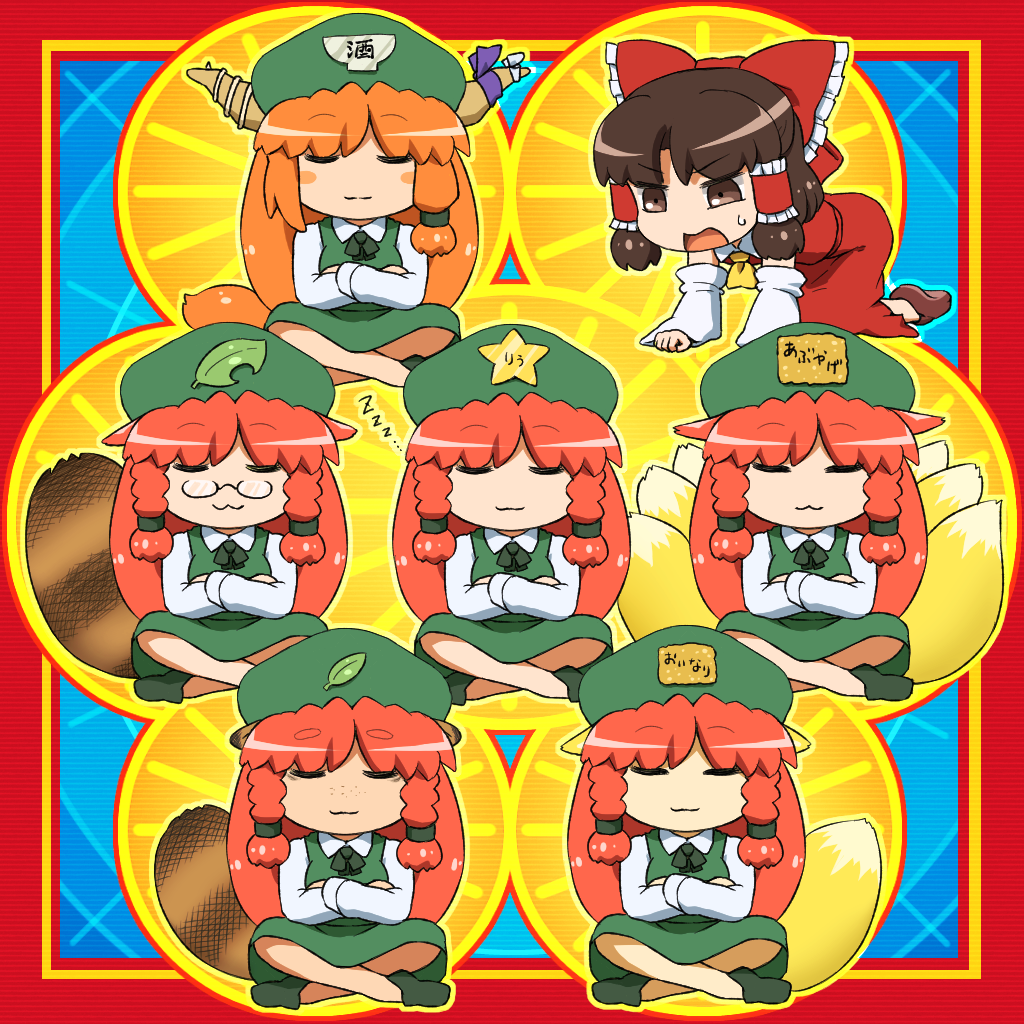 6+girls :3 all_fours animal_ears bakedanuki_(touhou) bow braid brown_eyes brown_hair cosplay crossed_arms detached_sleeves dress closed_eyes fox_ears fox_tail freckles futatsuiwa_mamizou glasses hair_bow hair_tubes hakurei_reimu hat hong_meiling hong_meiling_(cosplay) horns ibuki_suika indian_style leaf multiple_girls multiple_tails odd_one_out open_mouth orange_hair raccoon_ears raccoon_tail red_hair shirosato sitting sleeping sleeping_upright sweat tail touhou translation_request twin_braids v-shaped_eyebrows yakumo_ran youkai_fox_(wild_and_horned_hermit) zzz