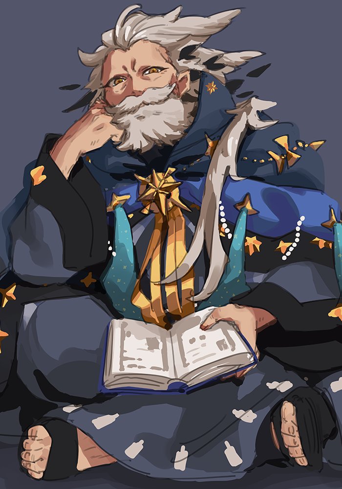 1boy beard black_robe blue_cloak book brown_eyes cloak facial_hair fate/grand_order fate_(series) grey_background grey_hair isshoku_(shiki) male_focus mustache open_book ptolemy_(fate) ptolemy_(third_ascension)_(fate) robe sandals