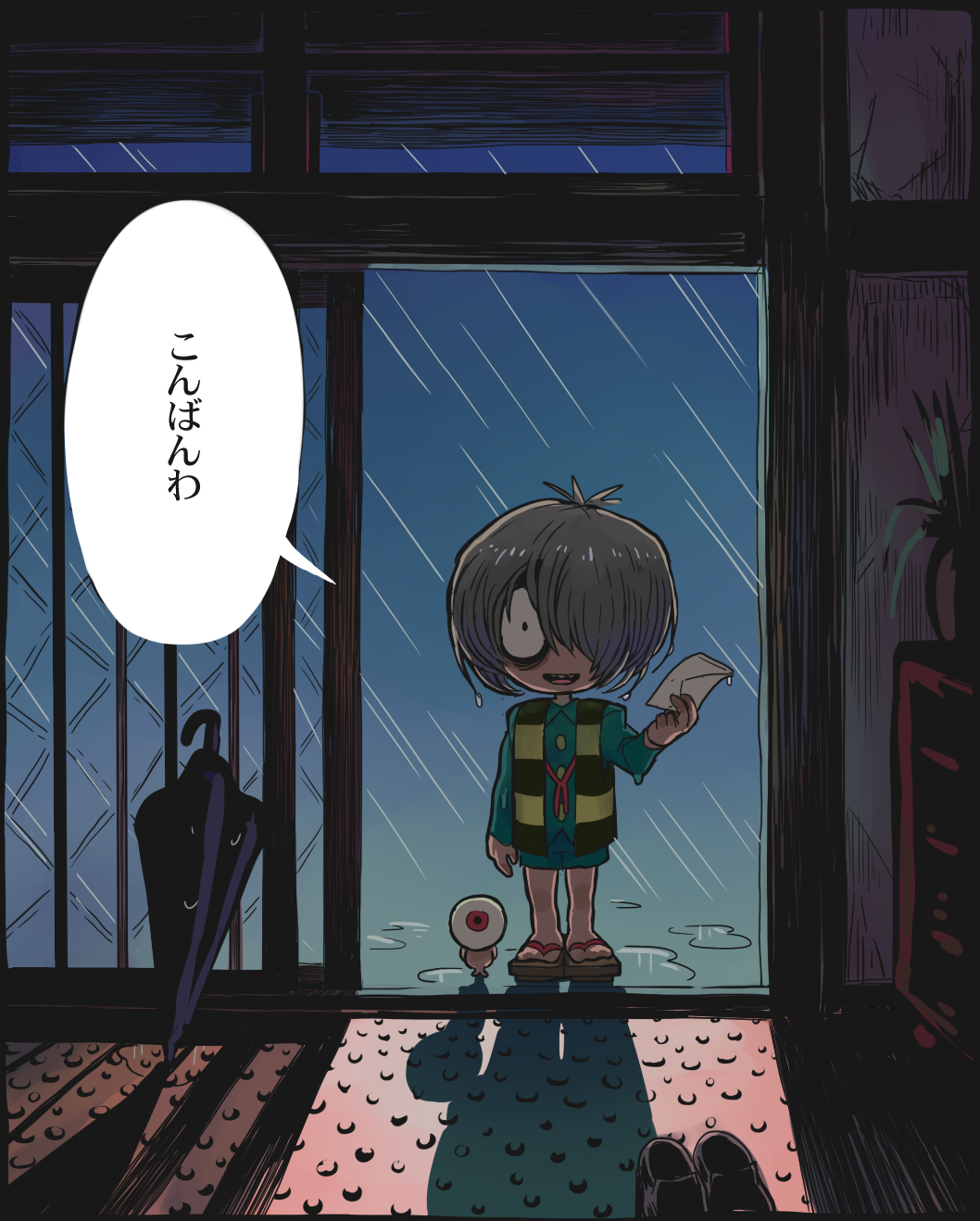 2boys ahoge blue_shirt blue_shorts chanchanko_(clothes) doorway father_and_son full_body gashi-gashi gegege_no_kitarou geta grey_hair hair_over_one_eye hand_up highres holding holding_letter indoors japanese_clothes kitarou letter long_sleeves looking_at_viewer male_focus medama_oyaji multiple_boys one-eyed one_eye_covered open_mouth rain red_eyes sandals shirt short_hair shorts smile solo_focus speech_bubble standing striped_clothes striped_vest translation_request umbrella vest wet wide-eyed