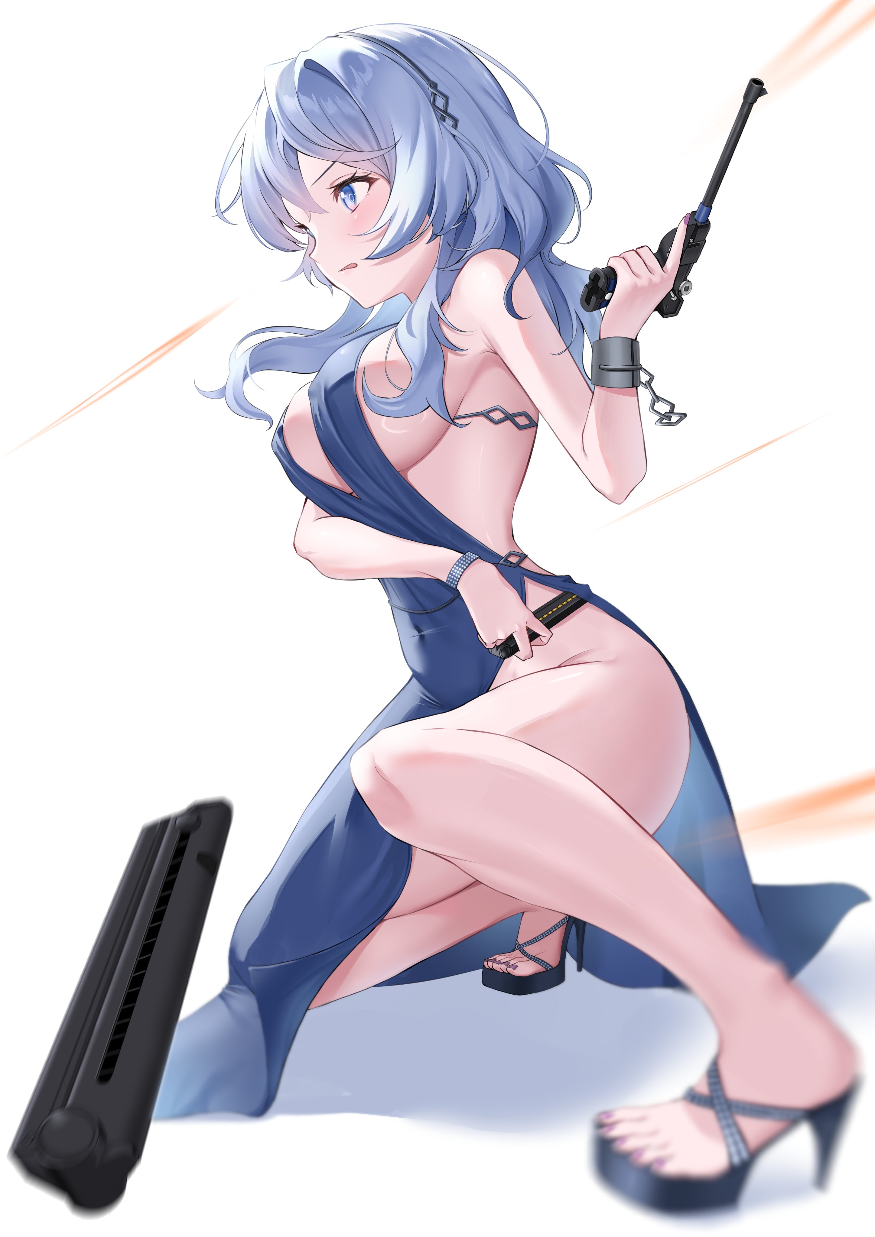 1girl absurdres ako_(blue_archive) ako_(dress)_(blue_archive) bare_legs bare_shoulders black_hairband blue_archive blue_dress blue_eyes blue_hair blurry blush breasts commentary covered_erect_nipples covered_navel depth_of_field dress eyelashes fighting_stance floating_hair from_side full_body gun hair_over_shoulder hairband hand_up high_heels highres hip_vent holding holding_gun holding_weapon kneeling large_breasts looking_ahead medium_hair motion_blur nail_polish no_bra no_panties official_alternate_costume plunging_neckline purple_nails sideboob sideless_dress simple_background single_handcuff solo tareme thighs toenail_polish toenails toes v-shaped_eyebrows weapon wfa5051 white_background