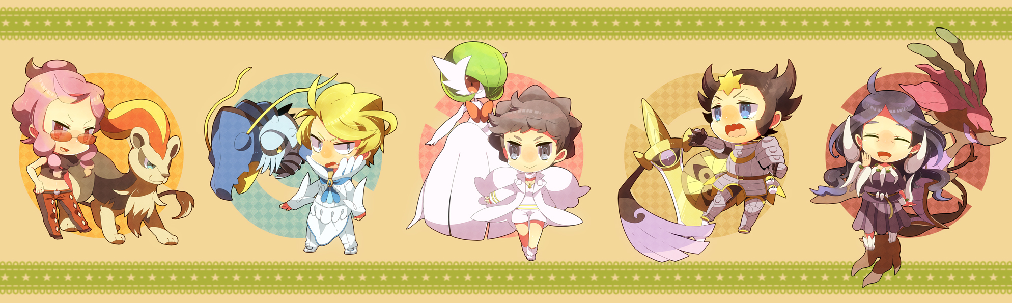 2boys 3girls aegislash armor blonde_hair blue_eyes bob_cut brown_hair clawitzer closed_eyes crop_top diantha_(pokemon) dragalge drasna_(pokemon) dress gardevoir gen_3_pokemon gen_6_pokemon glasses green_hair highres holding holding_shield looking_at_viewer malva_(pokemon) mega_gardevoir mega_pokemon midriff multicolored_fur multiple_boys multiple_girls nintendo pink_eyes pink_hair pokemon pokemon_(creature) pokemon_xy purple_eyes pyroar shield shooting428star siebold_(pokemon) smile sword tinted_eyewear weapon white_dress wikstrom_(pokemon)