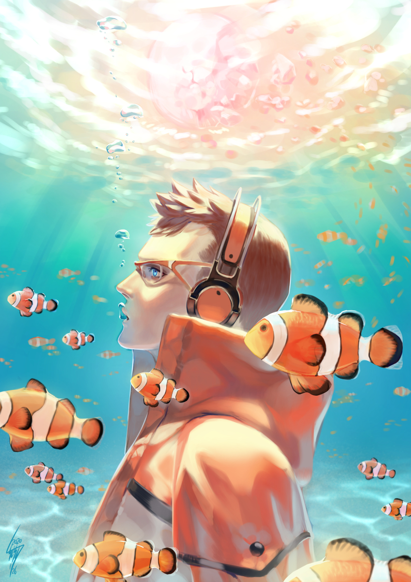 1boy artist_name blue_background blue_eyes brown_hair bubble caustics clownfish daemon_x_machina dated day fish from_side goggles headphones high_collar highres jacket johnny_g_(daemon_x_machina) light_rays male_focus open_mouth orange-framed_eyewear orange_jacket outdoors profile short_hair signature solo spiked_hair sunlight tropical_fish tsunetaka_rakurai underwater upper_body
