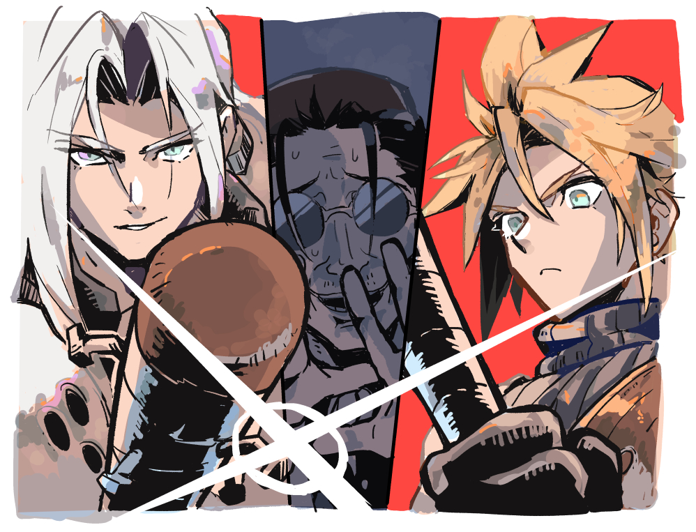 3boys armor baseball_bat black_gloves black_hair blonde_hair blue_shirt border cloud_strife facial_hair final_fantasy final_fantasy_vii final_fantasy_vii_rebirth final_fantasy_vii_remake furrowed_brow gloves grey_background grey_hair hair_between_eyes long_hair male_focus multiple_boys nail_(hardware) nail_bat parted_bangs parted_lips professor_houjou red_background round_eyewear sephiroth shirt short_hair shoulder_armor sleeveless sleeveless_turtleneck spiked_hair stubble sweatdrop turtleneck upper_body white_border wxz