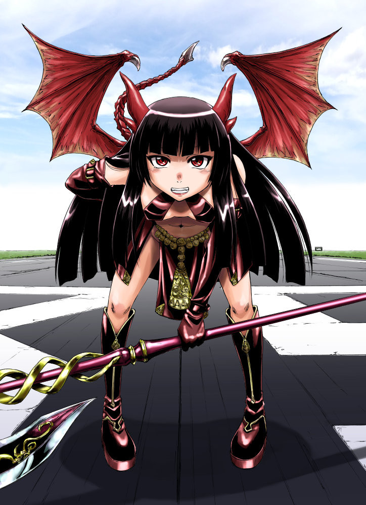 bent_over boots breasts demon_wings fangs gate_-_jieitai_ka_no_chi_nite_kaku_tatakaeri gloves halberd horns looking_at_viewer polearm rory_mercury runway sao_satoru tail weapon wings