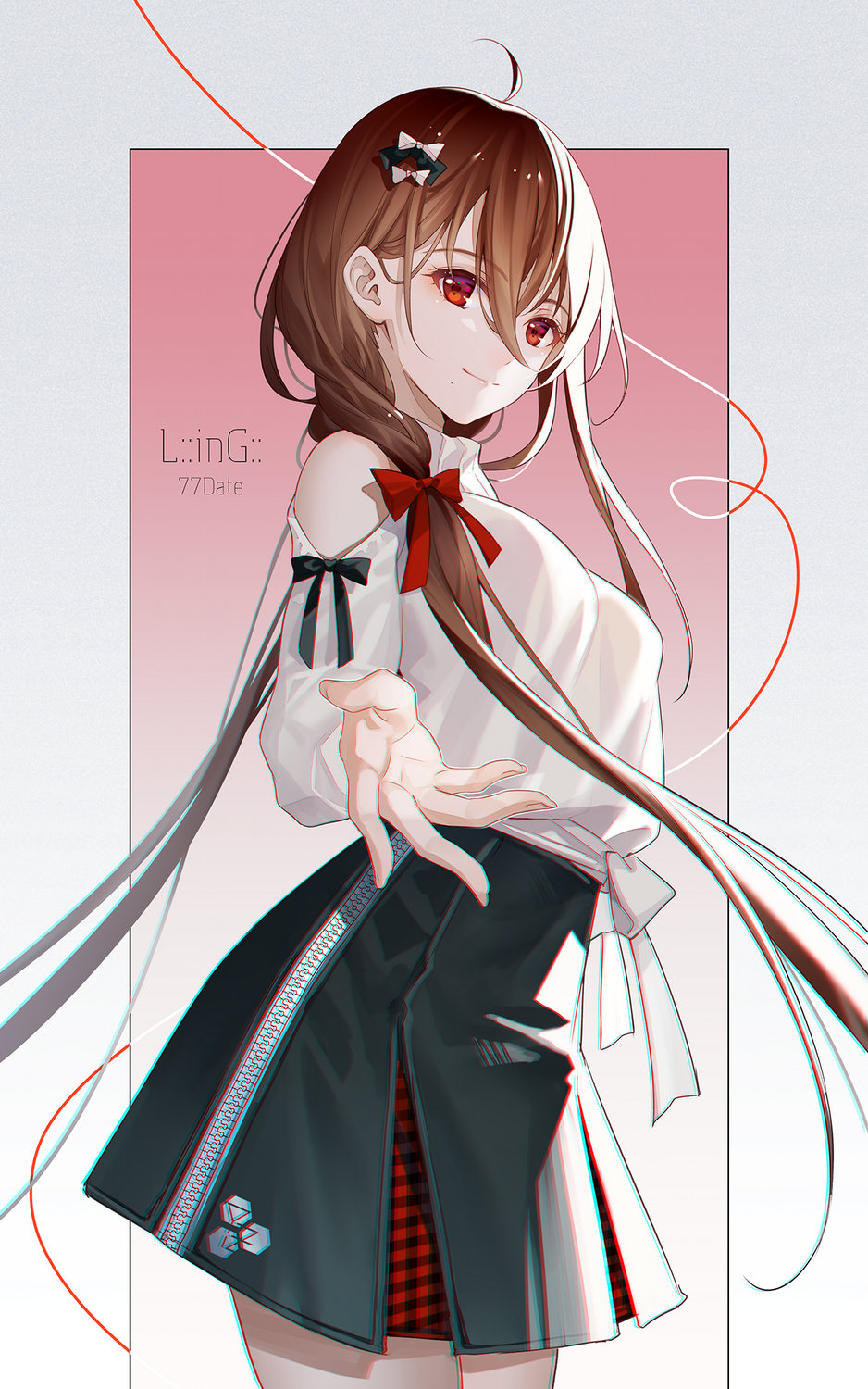1girl ahoge bare_shoulders black_bow black_skirt bow brown_hair character_name chinese_commentary chromatic_aberration closed_mouth clothing_cutout commentary cowboy_shot from_side grey_background hair_between_eyes hair_bow hair_over_shoulder highres long_hair looking_at_viewer miniskirt official_art open_hand outstretched_hand red_bow red_eyes shirt shirt_tucked_in shoulder_cutout skirt smile solo tidsean very_long_hair vocaloid vsinger_(vocaloid) white_bow white_shirt yuezheng_ling