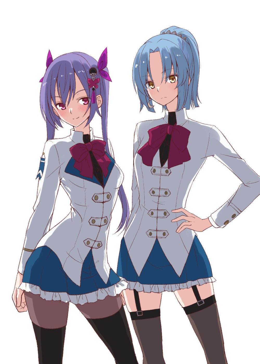 2girls arm_behind_back assault_lily black_thighhighs blue_hair blue_skirt blunt_ends blush bow bowtie breasts brown_pantyhose brown_thighhighs buttons closed_mouth commentary_request contrapposto cowboy_shot crescent crescent_earrings earrings frilled_skirt frills garter_straps gumoyu hair_between_eyes hair_ornament hair_ribbon hand_on_own_hip herensuge_girls_academy_school_uniform high_ponytail highres jacket jewelry long_sleeves looking_at_viewer makino_mitake matsumura_fuuka medium_breasts miniskirt multiple_girls pantyhose parted_bangs pink_eyes pink_ribbon ponytail purple_hair red_bow red_bowtie ribbon school_uniform short_hair simple_background skirt smile standing tassel tassel_hair_ornament thighhighs thighhighs_over_pantyhose twintails v-shaped_eyebrows white_background white_jacket yellow_eyes