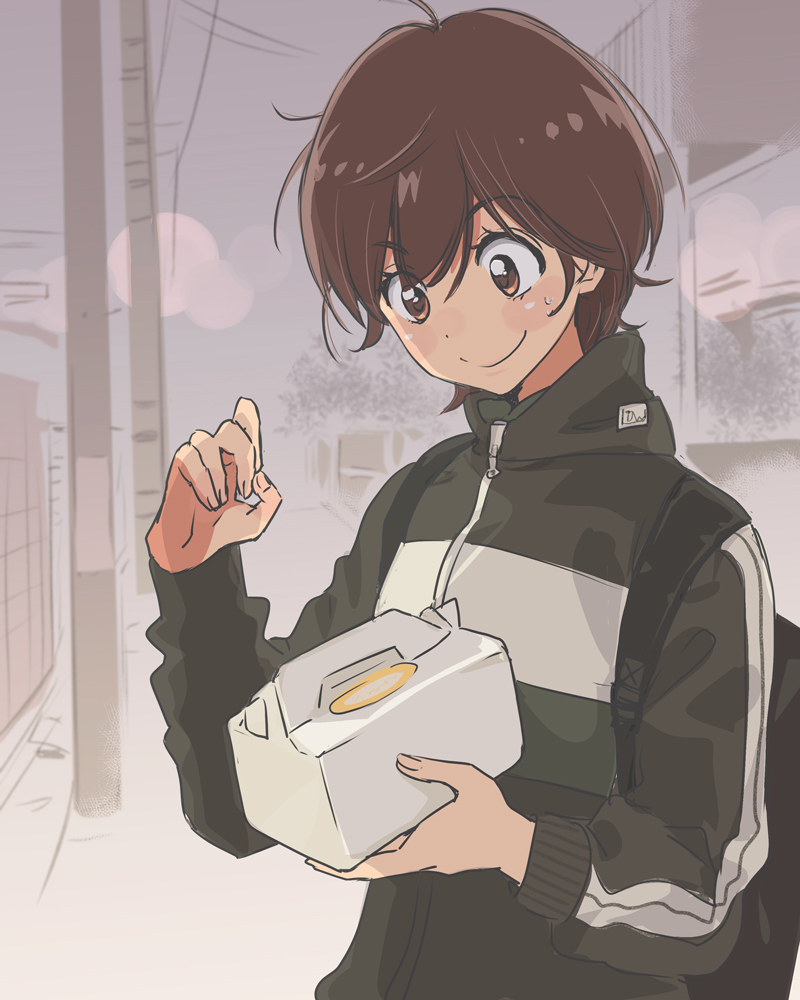 1girl asagao_to_kase-san backpack bag box brown_eyes brown_hair happy holding holding_box jacket kase_tomoka official_art outdoors pastry_box road short_hair smile solo street takashima_hiromi tomboy track_jacket upper_body