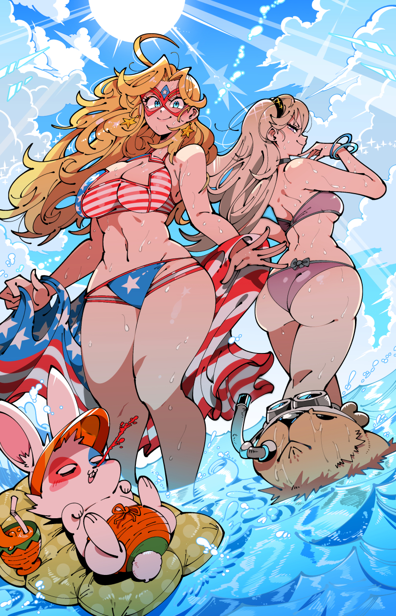 2girls american_flag american_flag_bikini american_flag_print aroused_nosebleed ass bendy_straw bikini blonde_hair blue_eyes bow bracelet breasts capybara cleavage cleavage_cutout clothing_cutout cloud day drink drinking_straw earrings eye_mask flag_print flag_print_bikini grey_bow hairband hand_up highres jewelry kafun kamen_america kamen_america_(comic) large_breasts light_rays long_hair looking_at_viewer looking_back multiple_girls navel nosebleed print_bikini profile purple_bikini purple_eyes rabbit scuba_gear smile standing star_(symbol) star_earrings sun swimsuit u.s.a.-g.i. wading water wet