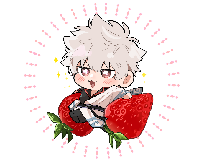 1boy 55_hachichan :3 black_shirt blush chibi chibi_only collared_shirt food fruit full_body gintama grey_hair holding holding_food male_focus minimized open_mouth pink_eyes robe running sakata_gintoki shirt short_hair simple_background solo sparkle strawberry v-shaped_eyebrows white_background white_robe