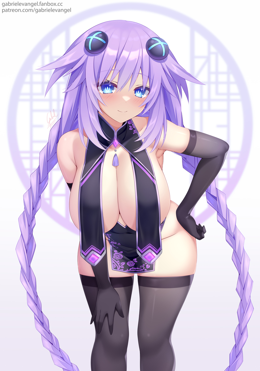 1girl artist_name blue_eyes blush braid breasts chinese_clothes gabriel_evangel gloves hair_ornament headgear long_hair neptune_(neptunia) neptune_(series) power_symbol-shaped_pupils purple_hair purple_heart_(neptunia) symbol-shaped_pupils thighhighs twin_braids white_background