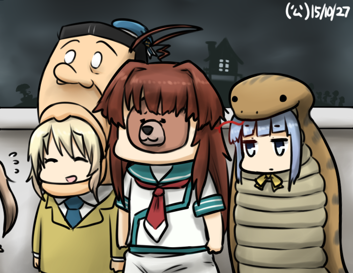 2girls alternate_costume anago anago_(cosplay) animalization atago_(kancolle) bear cosplay costume dated halloween hamu_koutarou hatsukaze_(kancolle) kantai_collection kuma_(kancolle) multiple_girls sazae-san wall