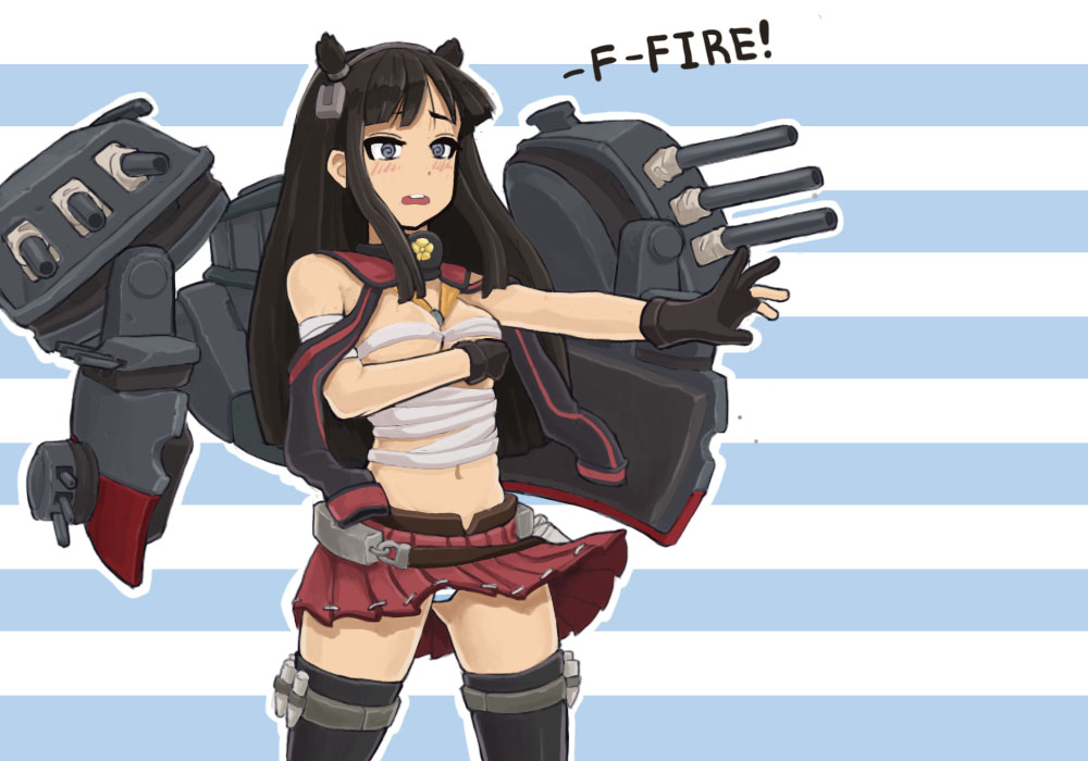 1girl akiyama_mio black_eyes black_hair blush breasts cleavage cosplay donburi_(donburikazoku) english_text gloves k-on! kantai_collection long_hair musashi_(kancolle)_(cosplay) open_mouth panties partially_fingerless_gloves skirt solo striped_clothes striped_panties thighhighs underwear