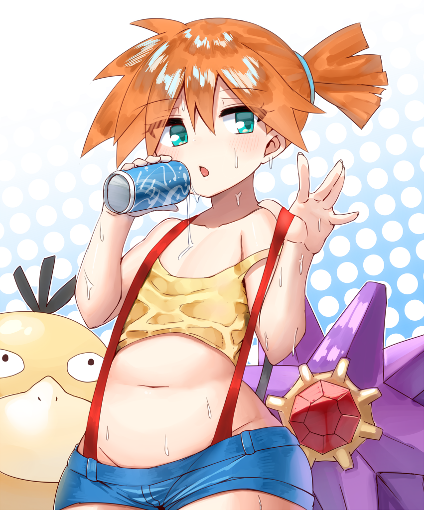 1girl akai_ikuto asymmetrical_hair bare_arms bare_shoulders belly blush cowboy_shot denim denim_shorts drink drinking flat_chest gen_1_pokemon green_eyes gym_leader looking_at_viewer misty_(pokemon) nintendo orange_hair pokemon pokemon_(anime) pokemon_(classic_anime) pokemon_(creature) ponytail psyduck shirt short_hair short_shorts shorts side_ponytail simple_background solo starmie suspenders suspenders_pull wet