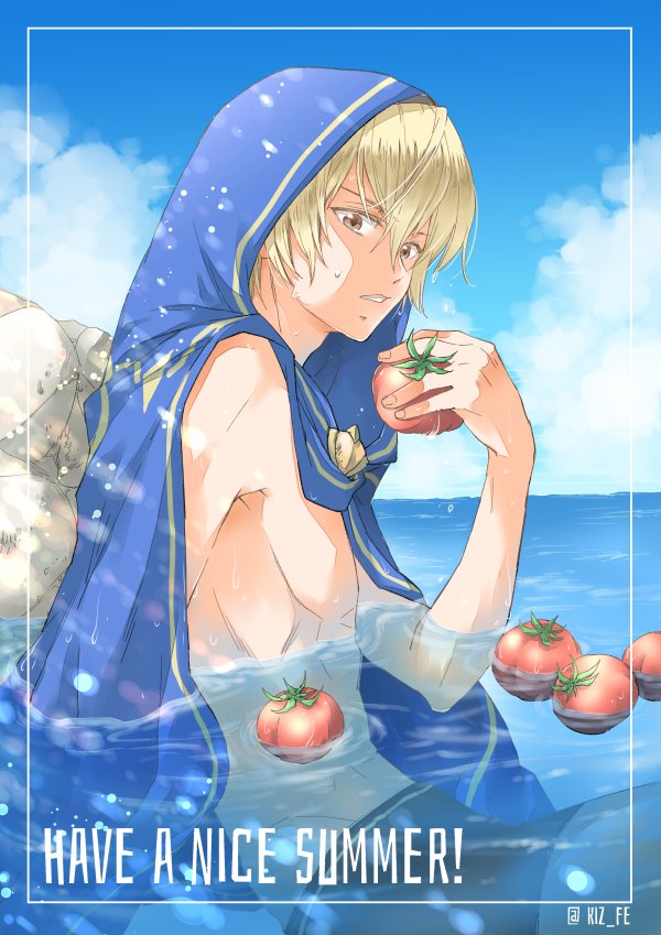 1boy abs blonde_hair fire_emblem fire_emblem_fates fire_emblem_heroes holding kaneaki_mukku kizuki_miki leo_(fire_emblem_fates) leo_(seashore&#039;s_prince)_(fire_emblem_fates) looking_at_viewer male_focus nintendo ocean red_eyes solo tomato towel water
