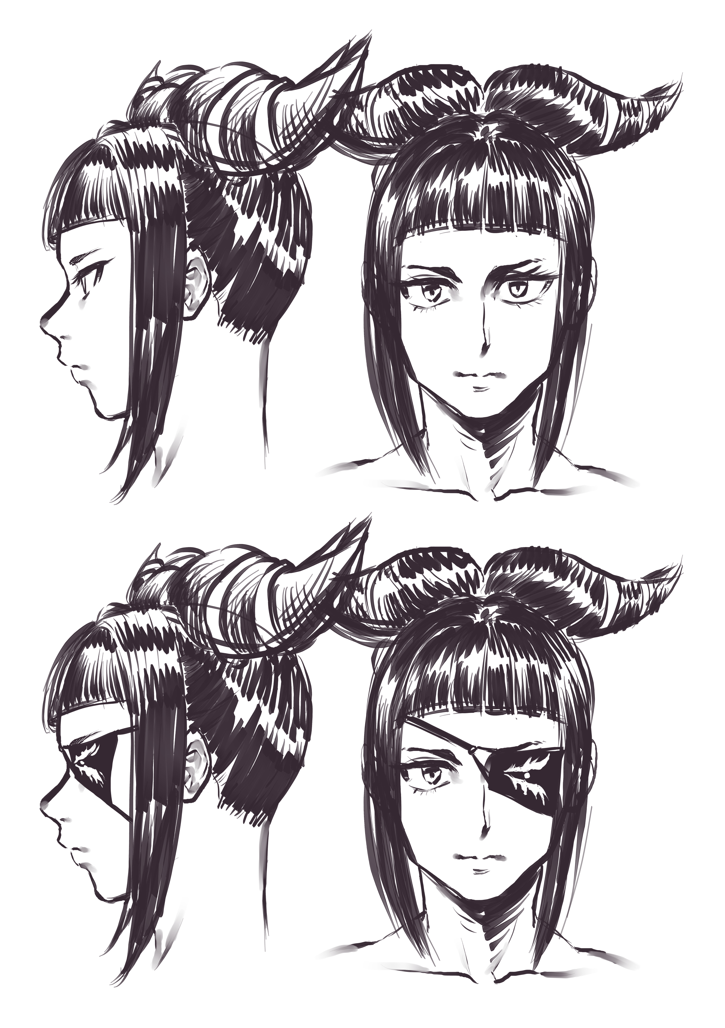 1girl aarokira absurdres black_hair collarbone cropped_shoulders eyepatch han_juri highres https://www.aarokira.com/posters monochrome multiple_views non-web_source portrait sketch solo street_fighter street_fighter_v turnaround white_background