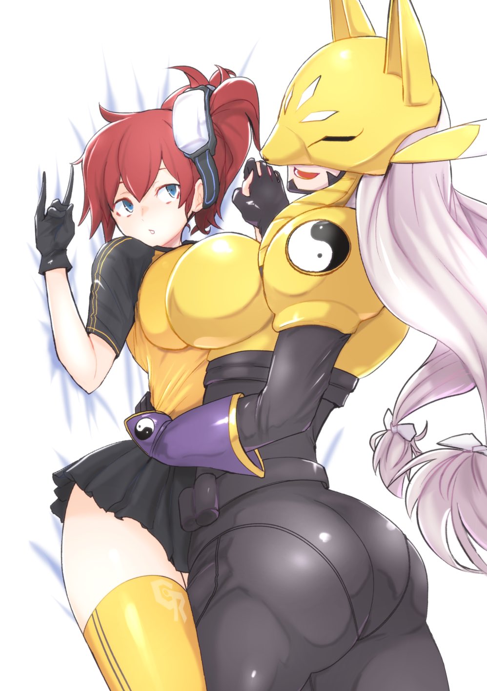 2girls aiba_ami akeikou armor ass black_bodysuit black_shirt black_skirt blue_eyes bodysuit breast_press breasts covered_eyes digimon digimon_(creature) digimon_story:_cyber_sleuth fox_mask gold_armor grey_hair highres holding_hands large_breasts long_hair lying mask miniskirt multicolored_hair multiple_girls on_back on_bed red_hair sakuyamon shirt skirt symmetrical_docking thighhighs two-tone_hair very_long_hair yellow_shirt yellow_thighhighs yin_yang yuri