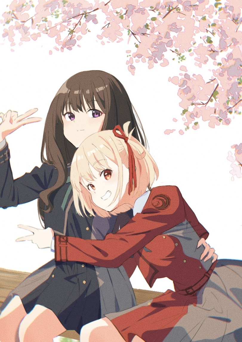 2girls belt black_hair blonde_hair blue_dress blush breasts cherry_blossoms cleavage closed_mouth commentary dress film_grain grey_dress hair_ribbon hand_on_another&#039;s_waist hand_up inoue_takina long_hair long_sleeves lycoris_recoil lycoris_uniform multiple_girls nishikigi_chisato one_side_up open_mouth pleated_dress purple_eyes red_belt red_dress red_eyes red_ribbon ribbon sidelocks sitting smile v yamabukiyuki