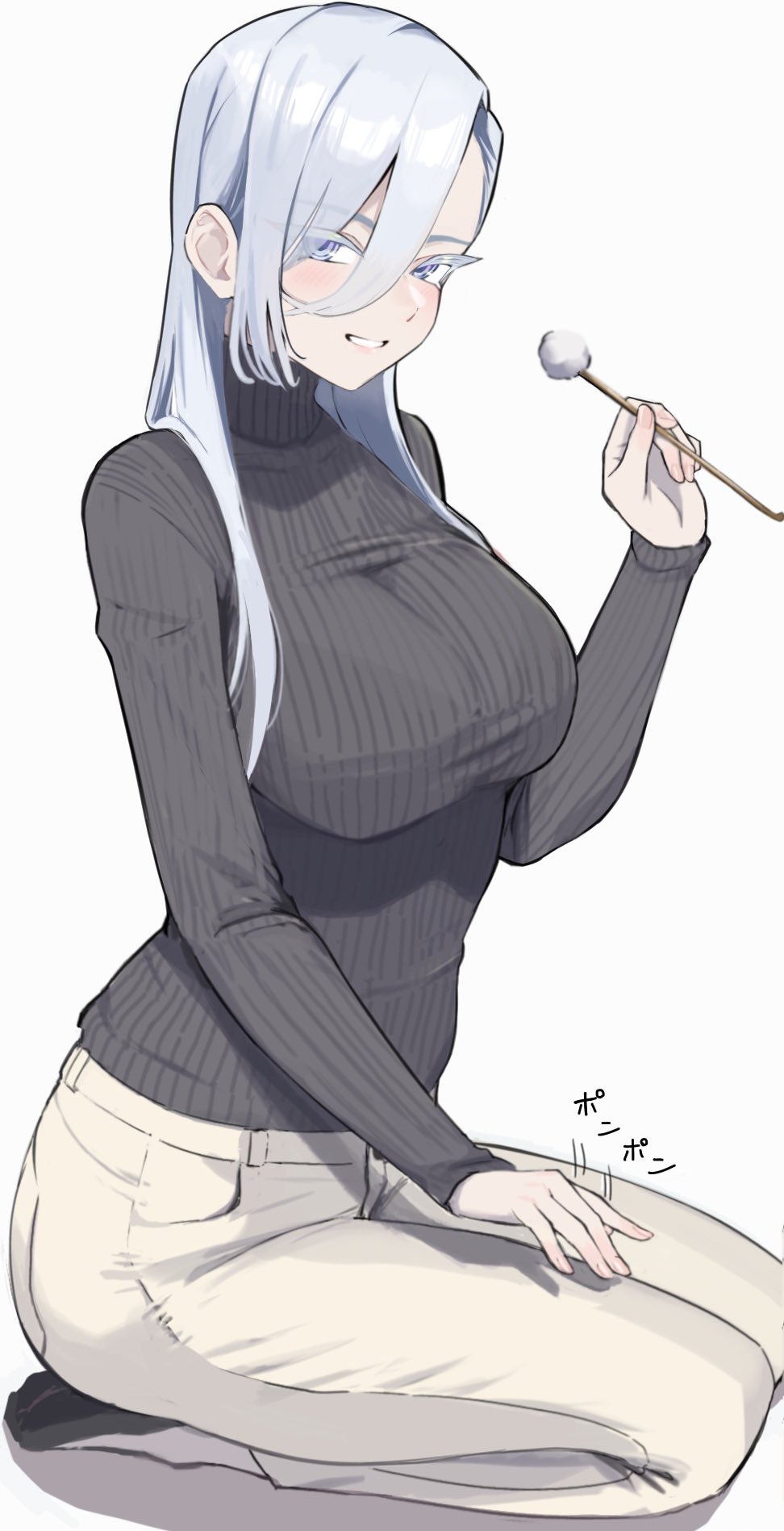 1girl ayatak0517 black_sweater brown_pants highres holding kawai_rami komi-san_wa_komyushou_desu lap_pillow_invitation long_hair looking_at_viewer mimikaki pants ribbed_sweater seiza sitting solo sweater thick_eyelashes turtleneck turtleneck_sweater white_hair