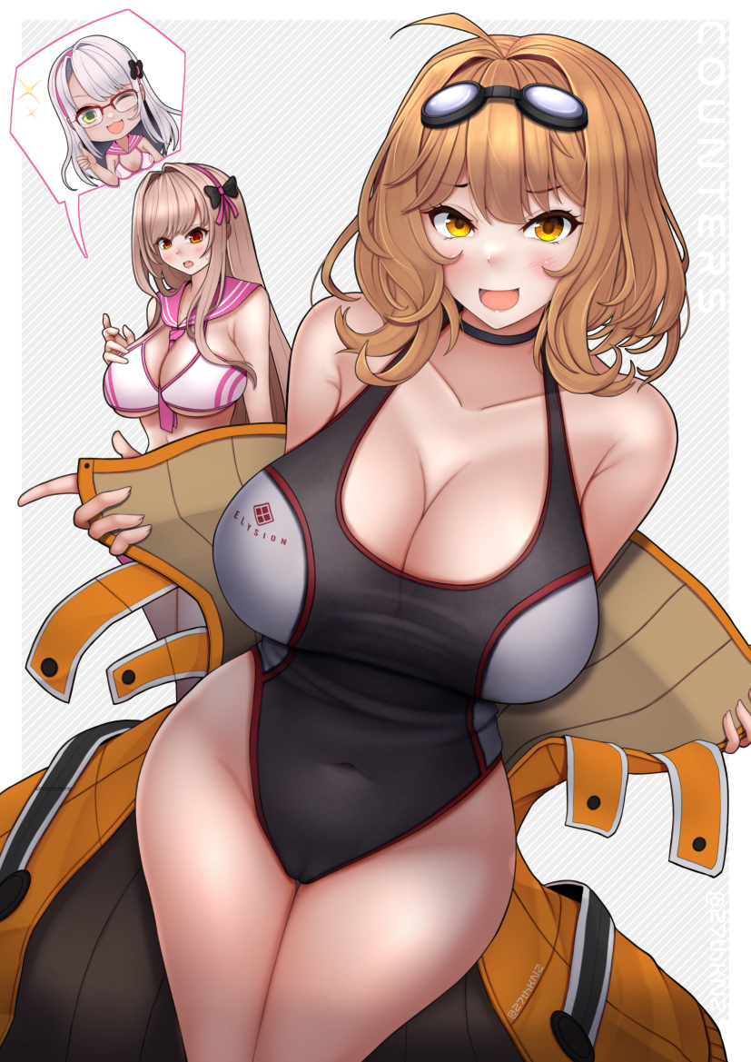 3girls ahoge anis_(nikke) bikini bikini_skirt black_choker black_one-piece_swimsuit blush breasts brown_hair choker cleavage competition_swimsuit cosplay costume_switch counters_(nikke) covered_navel glasses goddess_of_victory:_nikke goggles goggles_on_head green_eyes grey_hair highleg highleg_one-piece_swimsuit kuronekozero large_breasts long_hair looking_at_viewer multiple_girls navel neon_(blue_ocean)_(nikke) neon_(nikke) neon_(nikke)_(cosplay) official_alternate_costume one-piece_swimsuit open_mouth rapi_(classic_vacation)_(nikke) rapi_(nikke) rapi_(nikke)_(cosplay) red_eyes sitting smile swim_goggles swimsuit thighs two-tone_swimsuit white_background white_bikini